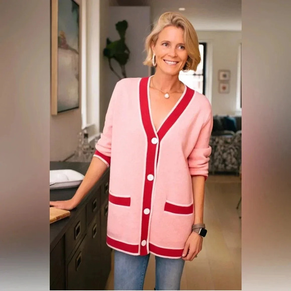 Tuckernuck Lauren Two Tone Pink Cotton & Wool Cardigan Sweater in Size X- Small - Picture 1 of 8